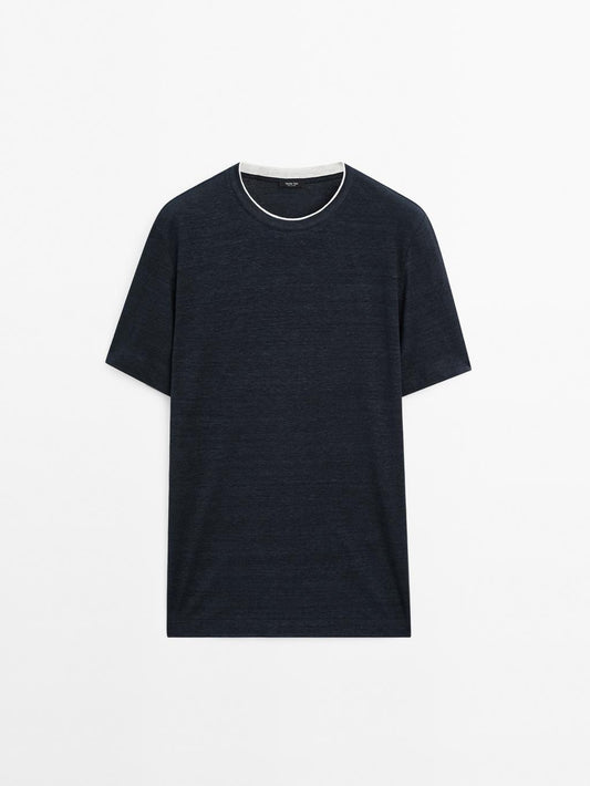 Linen blend contrast knit T-shirt