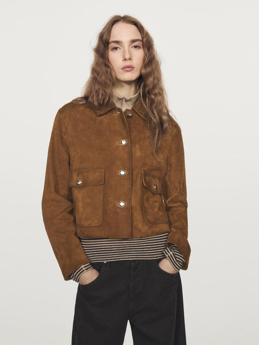 Suede leather jacket with gold-toned buttons