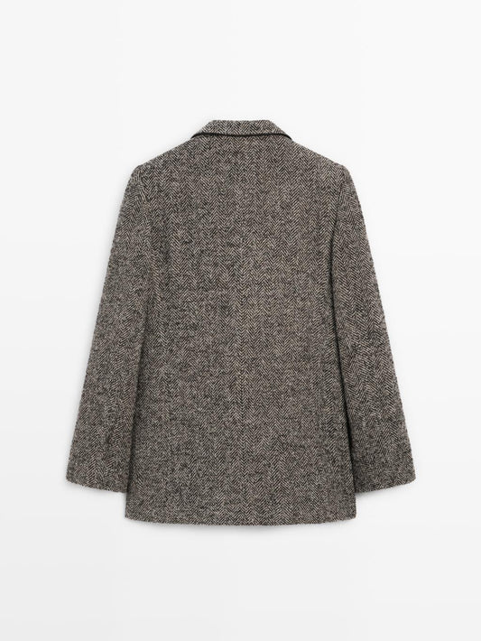 Herringbone wool blend blazer with high collar