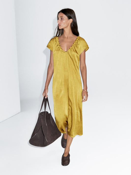 Satin midi dress with gathered detail