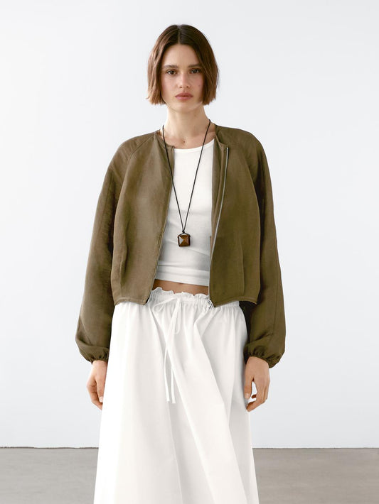 Frayed linen and silk bomber jacket
