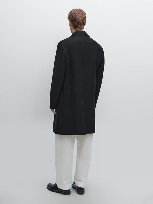 Wool blend long coat with lapel collar